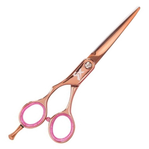 Cricket Shear Xpressions Hey Rosie 5.75 scissors, left-handed, rose gold scissors with pink accents on the finger holes.