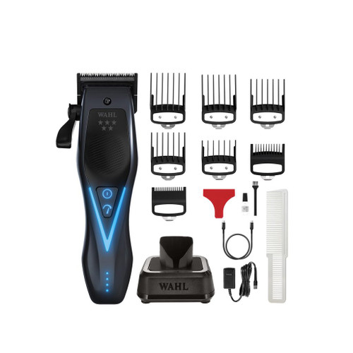 Wahl 5 Star Vapor Switch Cordless Clipper, battery-operated hair clipper with multiple comb attachments, charging dock, blades, cleaning brush, oil and accessories for professional grooming.