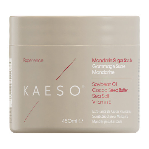 Kaeso KAESO Experience Mandarin Sugar Scrub - 450ml, beige container with pink and white text showcasing the product name and ingredients.