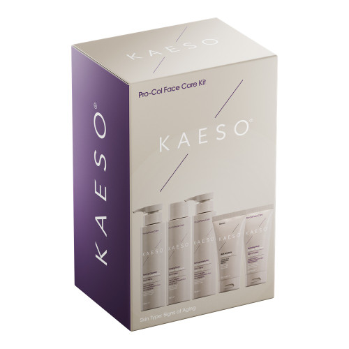 Kaeso Pro-Col Restoring Facial Care Kit, boxed skincare set with three white bottles labeled with the brand name and product details, suitable for skincare and anti-aging treatments.