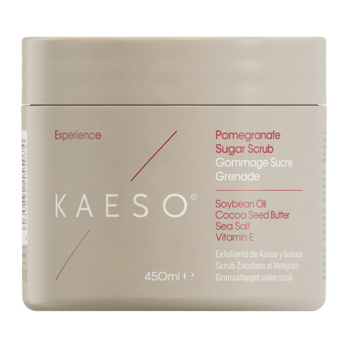 Kaeso Experience Pomegranate Sugar Scrub - 450ml, a beige container with product name and description on the front.