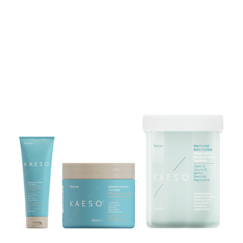 Kaeso KAESO Foot Care Menthol-Mint Foot Butter Mask, set of foot care products including foot butter, foot mask, and foot cream in blue and beige packaging.