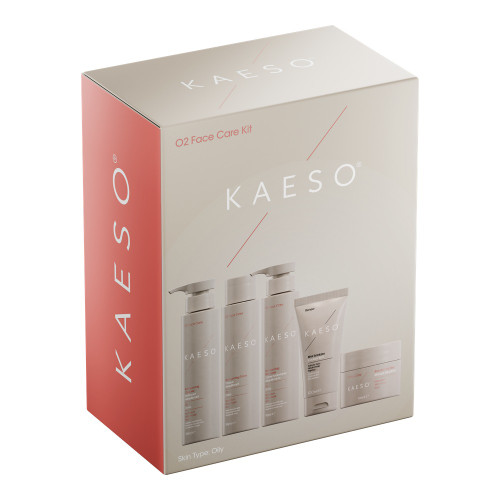 Kaeso O2 Rebalancing Face Care Kit, beauty skincare set with multiple products in a white and pink box for oily skin types.