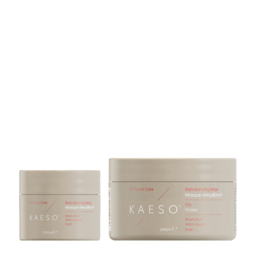 Kaeso O2 Rebalancing Mask With Added Tri Complex, product image showing two beige containers of different sizes for skincare and facial care.