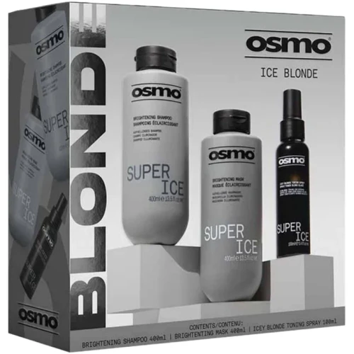 Osmo Ice Blonde Gift Pack, image of a skincare and haircare product collection with shampoo, mask, and toning spray in a sleek gray box.