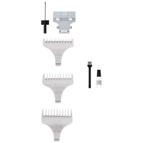 Wahl A-LIGN Trimmer Accessory Set, includes multiple clipper guards, a small screwdriver, cleaning brush, and oil bottle for grooming trimmers.