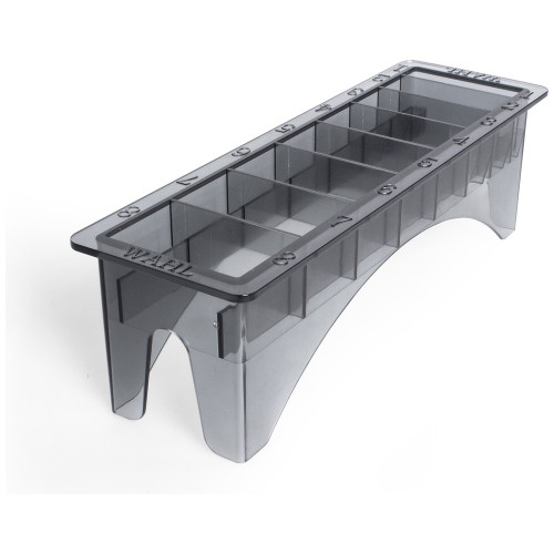 Wahl Clipper Comb Storage Caddy, clear plastic organizer for storing combs and accessories, with numbered compartments and a sturdy stand.