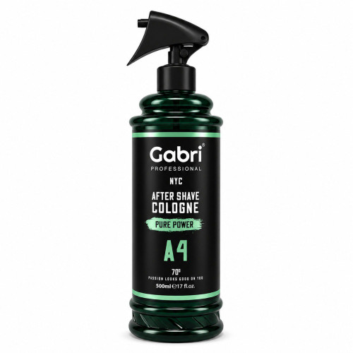 Gabri Professional A4 After Shave Cologne Pure Power 500ml, black and dark green bottle with a spray nozzle and Pure Power label on a white background.