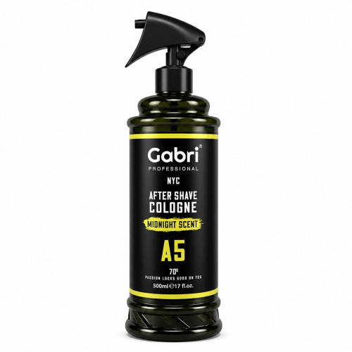 Gabri Professional A5 After Shave Cologne Midnight Scent 500ml, black spray bottle with a trigger nozzle and yellow-accented label on a white background.