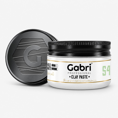 Gabri Professional S4 Clay Paste 100ml Sea Salt, white styling paste jar with a black lid and matching lid displayed behind it on a clean white background.