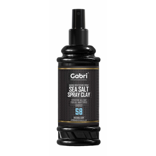 Gabri Professional Sea Salt Spray Clay S8 Natural Look 250ml, black spray bottle with a pump nozzle and labeled marine-rich texture spray for natural-looking hair styling on a white background.