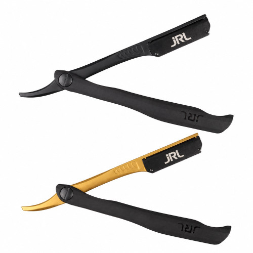 JRL Magnetic Straight Edge Razor in black and gold, both colour variants on a white background