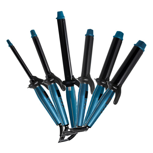 JRL Sunset Sapphire Standard curling irons arranged in a fan: 13 mm, 19 mm, 26 mm, 28 mm, 32 mm, 38 mm