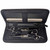 Kobe Pro Lunar Left Handed Scissor, Thinner, and Comb Set in black carrying case with interior compartments for professional haircutting tools.