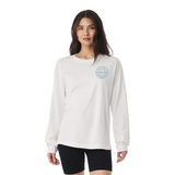 Front of Enviroscreen Heavyweight Long Sleeve Tee in vintage white with teal logo on model. 