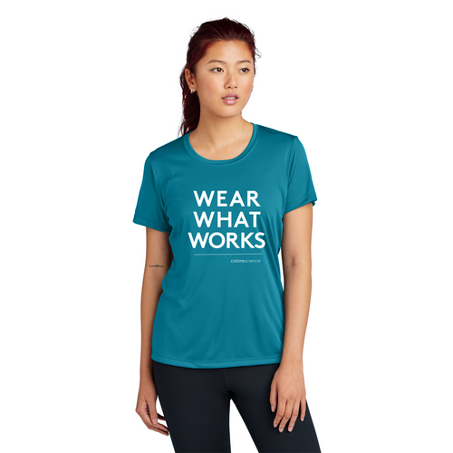 WWW Perform Scoop Neck on model in tropic blue. WWW Perform Scoop Neck on model in tropic blue.