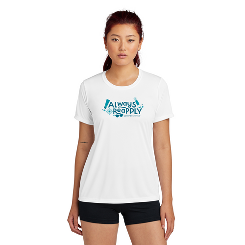 Always Reapply Scoop Neck Tee in white on model. Always Reapply Scoop Neck Tee in white on model.