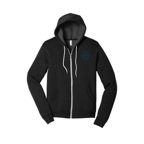 Enviroscreen Full Zip in heathe black with teal logo. 