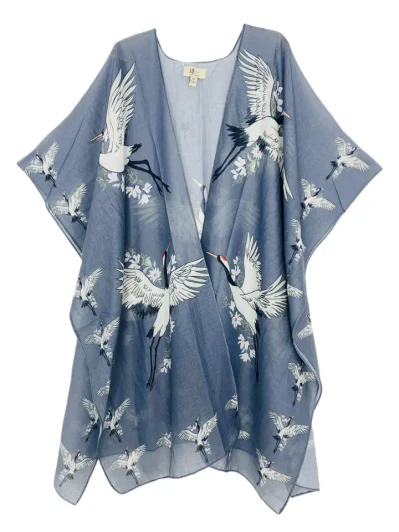 Grey &White Crane & Floral Kimono