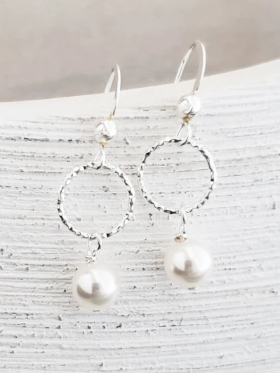 Silver Circle & Pearl Dangle Earrings