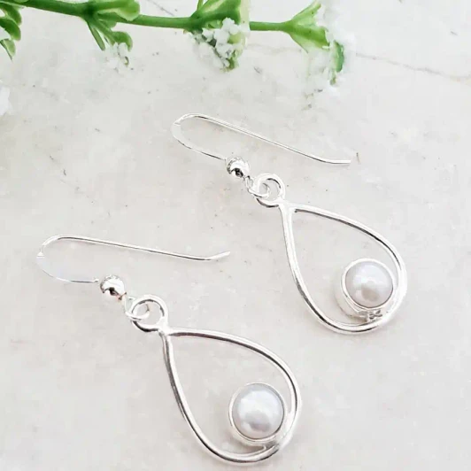 Silver Teardrop w/Pearl Earrings
