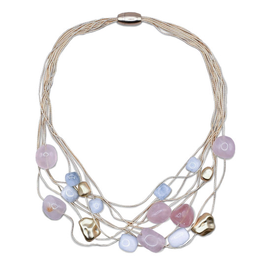Gold Wire Necklace with Aqua & Rose Beads