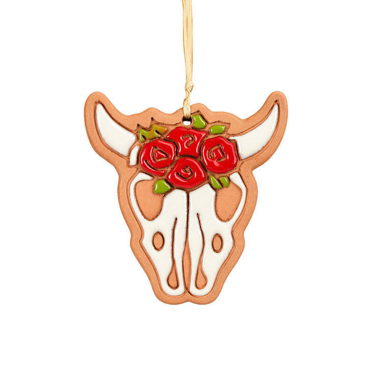 Cow Skull w/Roses Ornament - Red