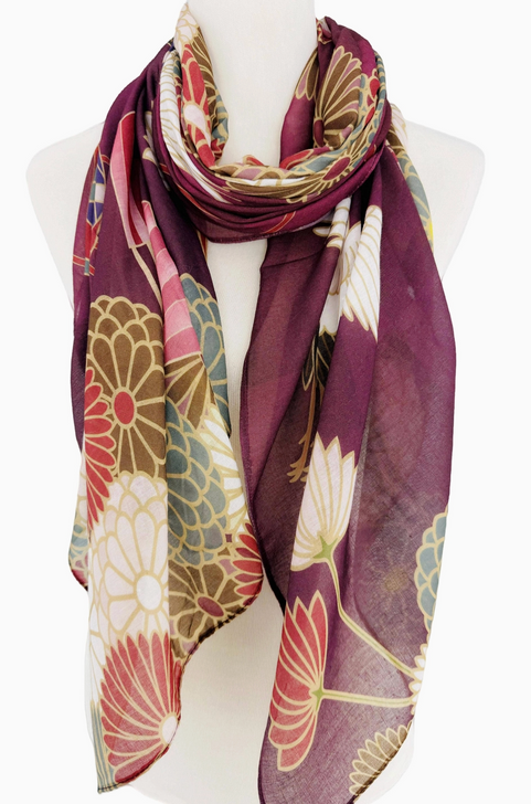 Burgundy Multi Crane & Floral Scarf