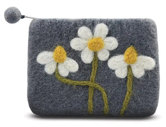 Wool Daisy Coin Purse - Grey