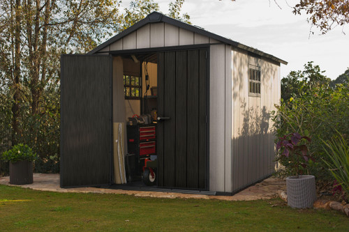 Keter Oakland Outdoor Plastic Garden Storage Shed, Grey, 7.5 x 11 feet
