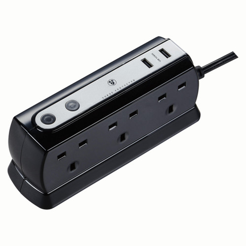 Masterplug SRGDU61PB2 2.1 A 1 m 6 Gang 2 x USB Compact Surge Extension Lead - Black