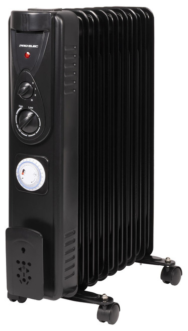 PRO ELEC PELL0214-UK 2kW 9 Fin Oil Filled Radiator with Timer, Black