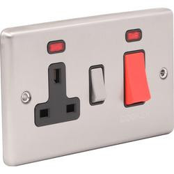 Satin Chrome Double Cooker Switch With Socket (2 Gang, Black Insert)