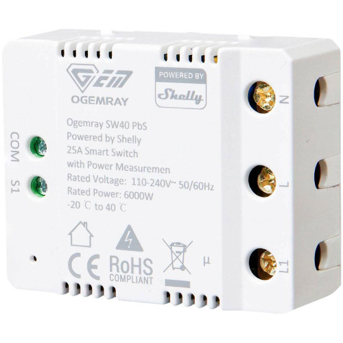 Shelly Ogemray Smart Relay Switch 25A Switching Measuring Actuator Bluetooth, Wi-Fi