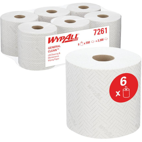 WypAll L20 General Clean 7261 Centrefeed Paper Wipers, 2-Ply White Embossed Rolls