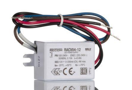 RECOM Electronic RACV04-12 Constant Voltage LED Driver, 12V DC Output, 4W Output, 330mA Output