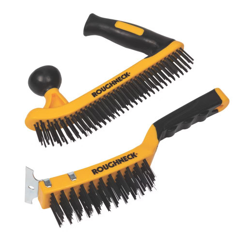 Roughneck ROU52093 Carbon Steel Wire Brush with Soft Grip 2 Piece Set - Scraper (300mm), Two-Handed Brush (250mm)