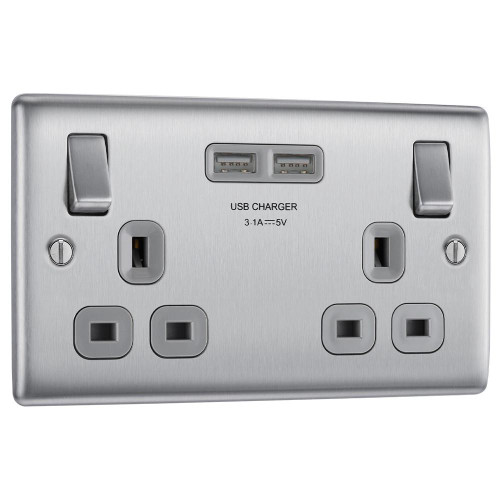 BG Electrical Double Switched Power Wall Plug Socket with Two USB-A Charging Ports, Nexus Metal, Brushed Steel, Grey Inserts, NBS22U3G