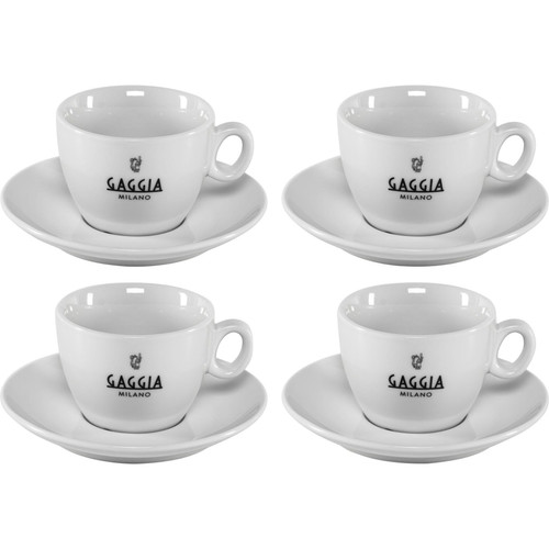 Gaggia Cappuccino Coffee Cups and Saucers, Set of 4 Ceramic Coffee Mugs and Saucers - White