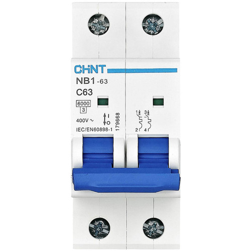 Chint NB1-63C2P40 Miniature Circuit Breaker, 40 A, 2 Pole, C Curve, 6 kA