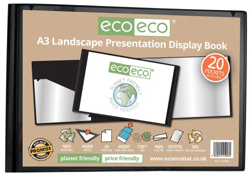eco-eco A3 50% Recycled 20 Pocket Black Landscape Presentation Display Book