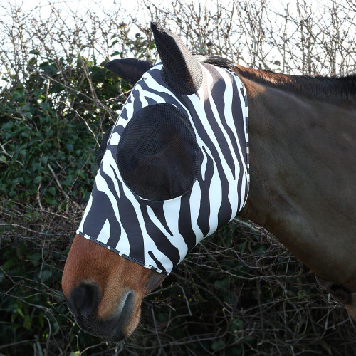 HY EQUESTRIAN Stretch Zebra Print Fly Mask, Black/White (Cob)