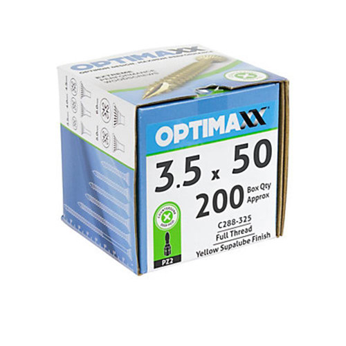 3.5 Optimaxx Extreme Performance Wood Screws 200PC Box (3.5x50mm, Zinc Plate & Yellow Passivated, Pozi Wood Screws)