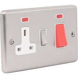 Satin Chrome Double Cooker Switch With Socket (2 Gang, White Insert)