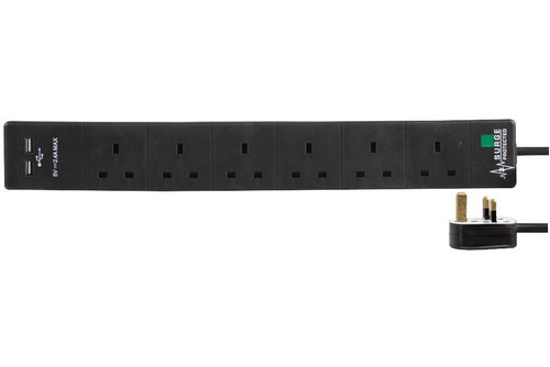 Pro Elec PEL00118 6 Way 2 USB Surge Protected Extension Lead, 3 m, Black