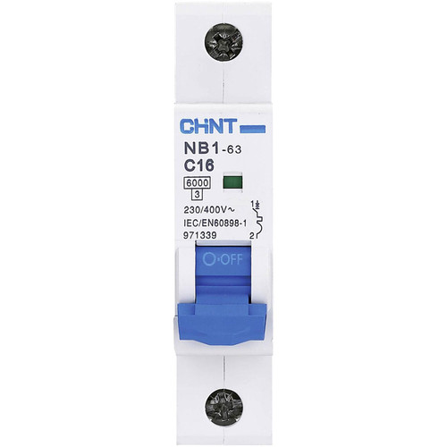 Chint NB1-63CH1P16 Series Miniature Circuit Breaker, 16 A, 1 Pole, C Curve, 10 kA