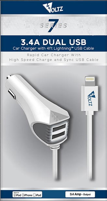 3.4A Dual USB DC Car Charger w/4ft Lightning Cable - White