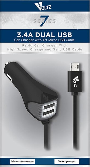 3.4A Dual USB DC Car Charger w/4ft Micro USB Cable - Black