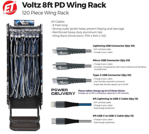 Voltz 8ft Power Delivery Cable Wing Rack  120ct