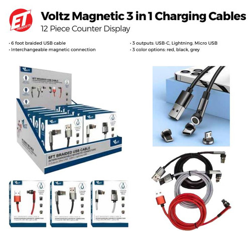Voltz Magnetic 3 in 1 Charging Cables 12pc Counter Display